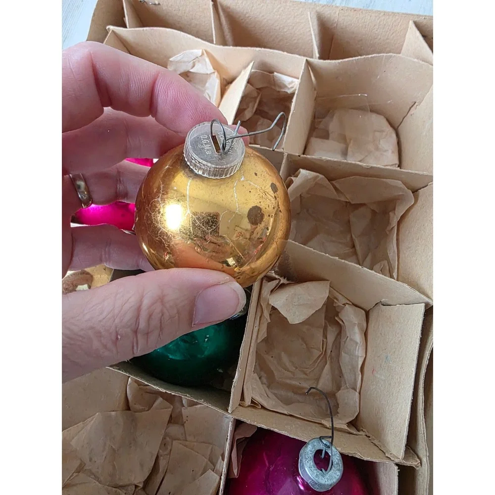 Vintage shiny Bright solid ball ornament set box Woolworth Xmas tree Pink green